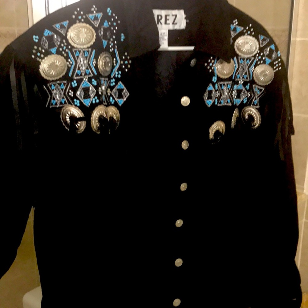 EREZ black suede jacket with Aztec design and fringe with silver embellishments